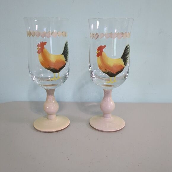 Set of 2 Glassware Goblet Morning Rooster by Oneida, Vintage Discontinued - Picture 1 of 3